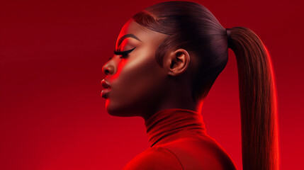 Striking profile portrait of woman with sleek ponytail and bold makeup, red background, modern fashion, high-quality image, strong visual impact, contemporary beauty, confident pose, dramatic style