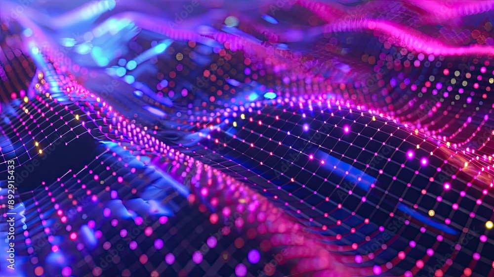 Poster a futuristic 3d background with holographic elements and digital grids in bright neon colors