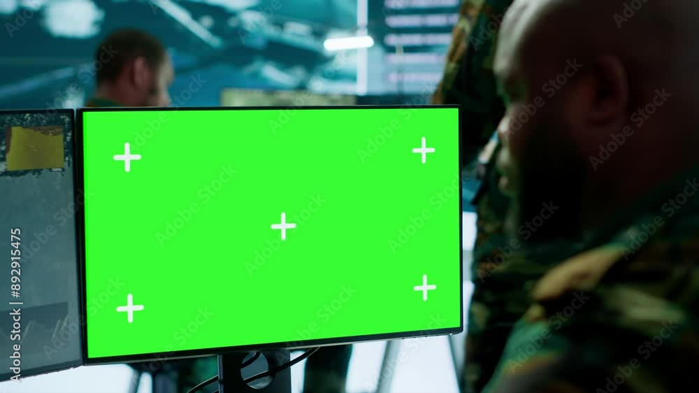 Poster army officer gathers intelligence from radar next to isolated copy space, working on satellite data 