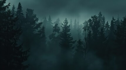 A dramatic wallpaper featuring a dark forest scene with tall trees and mist