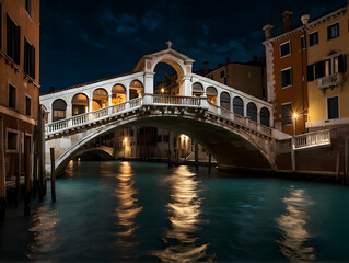 Famous bridge over canal in Venice at night