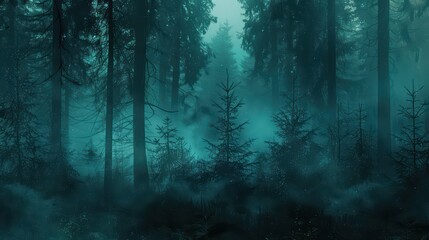 A dramatic wallpaper featuring a dark forest scene with tall trees and mist