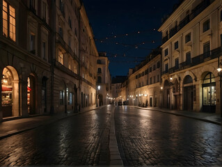 Fototapeta premium Nighttime city street with hanging lights