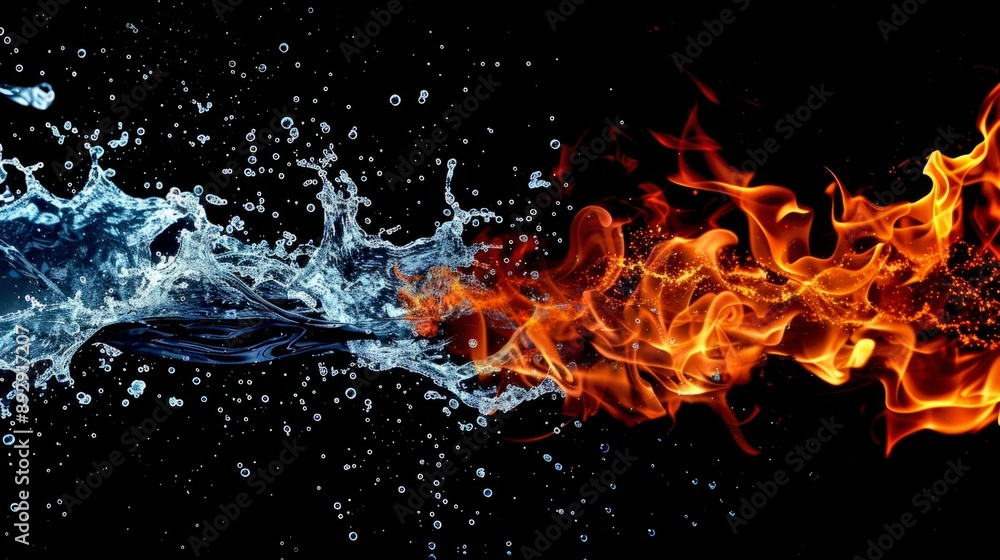 Wall mural Stunning clash of water and fire in abstract nature background, AI-generated art. Ideal for science concepts, creative backgrounds, and environmental themes. Vivid contrast of elements. AI