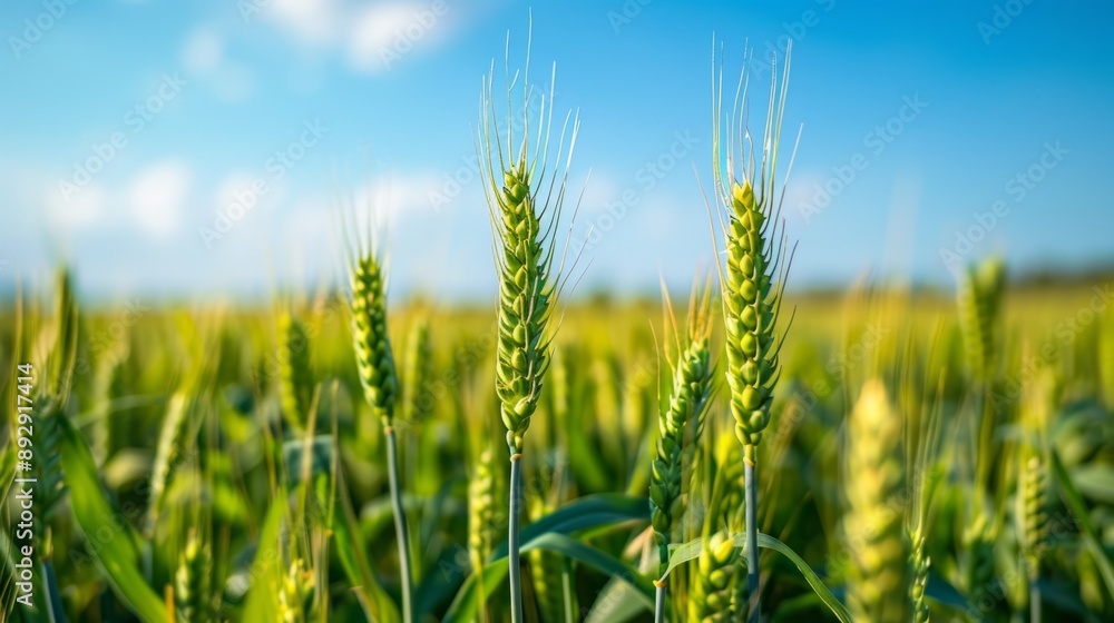 Canvas Prints Sunlit wheat field close-up with blue sky in background. Vibrant and fresh image of green wheat spikes. Ideal for agricultural themes, nature presentations, and landscape visuals. AI