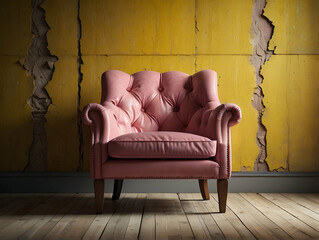 Vintage pink armchair against yellow wall