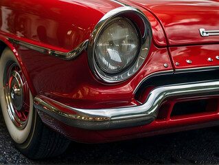 Close-up of classic red car's front details