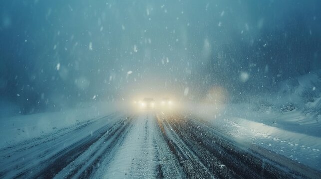 Highway and snowstorm, heavy snowfall, poor visibility, winter driving