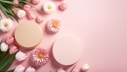 surrounded by light pink and champagne tulips daisies and carnations two podium with a pink surface pink background soft light minimalist photography product shot top view