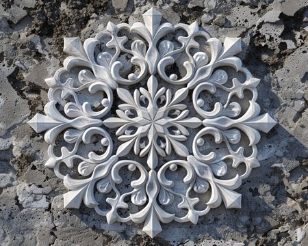 An ornate snowflake design 3D carved from marble, stone on the background,