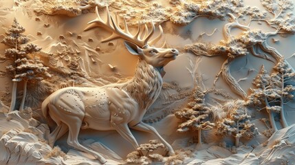 Beautifully designed 3d relief wallpaper of a graceful deer. Mural wall art.
