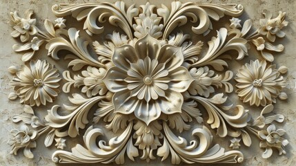 Exquisite 3d relief stone carving mural of an intricate floral pattern. Wall art for an elegant look.