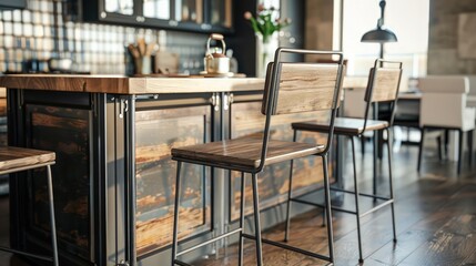 Industrial Style Metal Bar Stools with Wooden Seats in Contemporary Kitchen