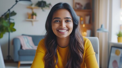Smiling Indian woman sit at desk at home office talk speak on video call with multiethnic diverse colleagues. Ethnic female employee have webcam digital virtual event on computer with businesspeople.