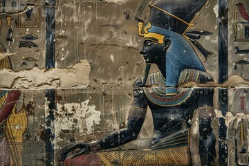 Detailed photograph of egyptian hieroglyphics and a pharaoh figure on an aged wall