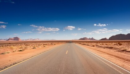 a desert road with a blue sky in the background