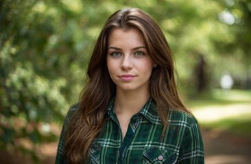 Naklejka premium beautiful American young woman, brown hair, green eyes, green plaid shirt, green trees blurred background