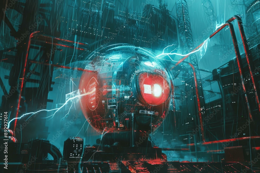 Poster electrifying scene of a cybernetic core with lightning bolts in a neonlit futuristic metropolis