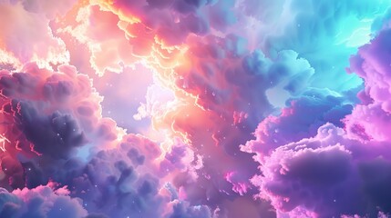 Fototapeta premium A burst of vibrant abstract clouds blend seamlessly in this dynamic composition, showcasing a myriad of colors, including blue, pink, orange, and purple, in an ethereal setting.