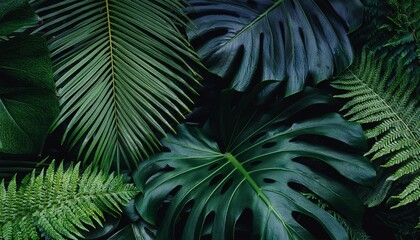 closeup nature view of palms and monstera and fern leaf background flat lay dark nature concept tropical leaf