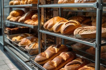 shelf with bread in bakery, close-up