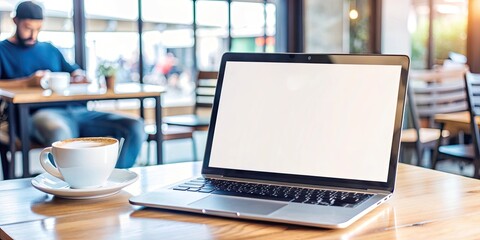 Fototapeta premium realistic mockup image of a laptop with a blank screen on a wooden table. Laptop Mockup with Empty Screen on Rustic Wooden Table for Website and App Showcases