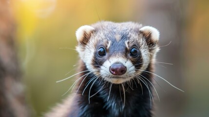 Fototapeta premium A cute and curious ferret gazes directly at the camera, showcasing its endearing facial features with a natural blurred background. Perfect for pet and animal lovers.