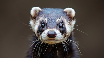 Fototapeta premium A close-up shot of an adorable ferret with a curious expression, highlighted by its bright eyes and distinctive facial markings, set against a plain background.
