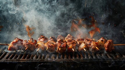 Juicy grilled kebabs on the barbecue with smoke and flames. Perfect for BBQ and cooking enthusiasts. High-quality, detailed photography of delicious kebabs in a smoky background, capturing 