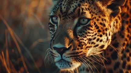 Obraz premium A close-up of a leopard's face shows an intense and focused gaze, emphasizing the detailed textures and deep, expressive eyes of this majestic wild cat.
