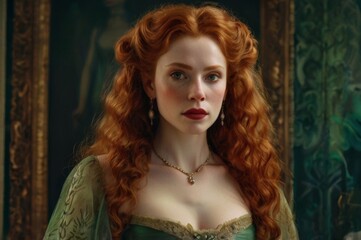 Fototapeta premium young redhead woman in historical Bridgerton style, green gown, long curly red hair