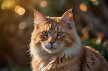 Obraz premium ginger cat in garden, yellow blurred lights and green trees in background