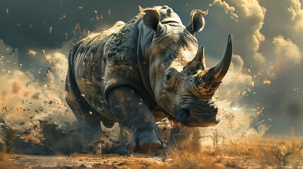 Fototapeta premium An aggressive rhinoceros charges through a cloud of dust and debris, portraying the raw power and ferocity of this majestic animal, in a dramatic and dynamic moment captured.