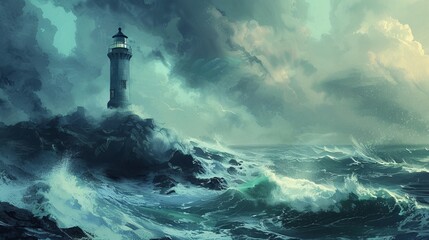 A captivating illustration of a powerful lighthouse standing firm on rocky shores, surrounded by tumultuous sea waves, emphasizing the resilience against nature's fury.