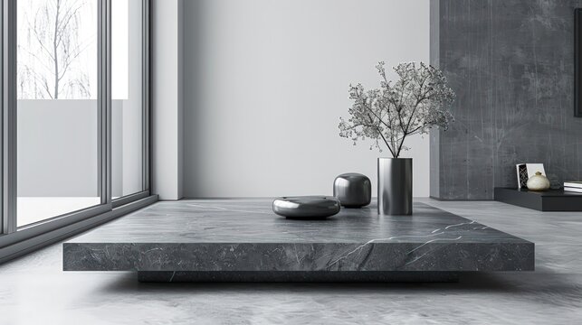 Fototapeta Modern gray stone coffee table in a minimalist living room, sleek home decor,