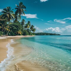 A high-quality stock image of a serene beach with crystal clear waters and palm trees. The image captures the essence of a tropical paradise. AI generation.