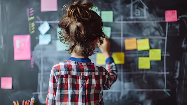 Child brainstorming on a blackboard, placing sticky notes, creativity and learning process, colorful planning, back view in classroom setting.