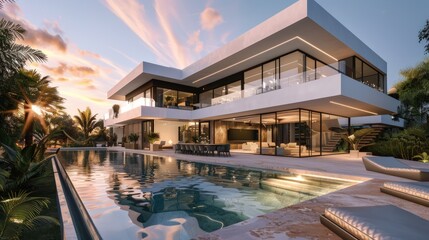 Modern luxurious villa with a sunrise pool and exquisite exterior design. Stunning, crisp, vivid, detailed, high-contrast, colorful, well-lit,