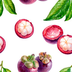 Seamless pattern with mangosteen fruits and leaves for a vibrant, tropical look
