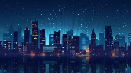 Obraz premium An illustration of a modern skyline under a starry night sky, the city bathed in the glow of urban lights, creating a serene and captivating atmosphere, perfect for urban-themed projects.