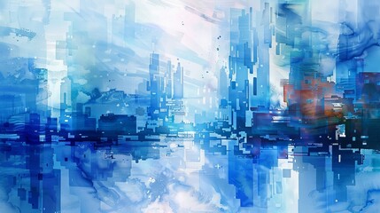 Fototapeta premium An abstract representation of a cityscape characterized by calm blue hues and blended colors, evoking a sense of tranquility and serenity in an urban environment.