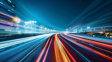 A high-speed cityscape captured at night, featuring bright lights and moving cars. The image highlights the dynamic and fast-paced nature of the urban environment.