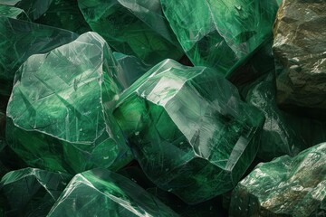 Obraz premium Detailed high resolution macro photography of vibrant green quartz crystals with a textured, earthy surface as a luxurious backdrop