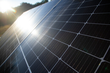 Closeup of solar panels with sunlight reflection.