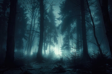 Fototapeta premium dark misty forest panorama fantasy halloween landscape 