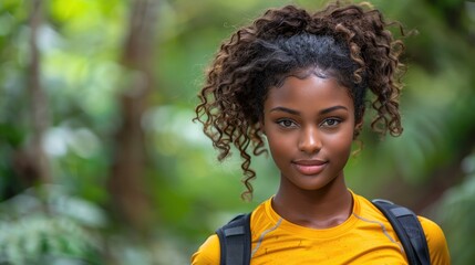 Closeup of a happy black female teenager jogging outdoors in nature. Young African American woman exercising and running outside to keep fit. Copy space