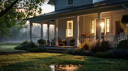 Morning front view of a stylish farmhouse with a welcoming porch and dewy front yard, the soft light adding a fresh and inviting ambiance.