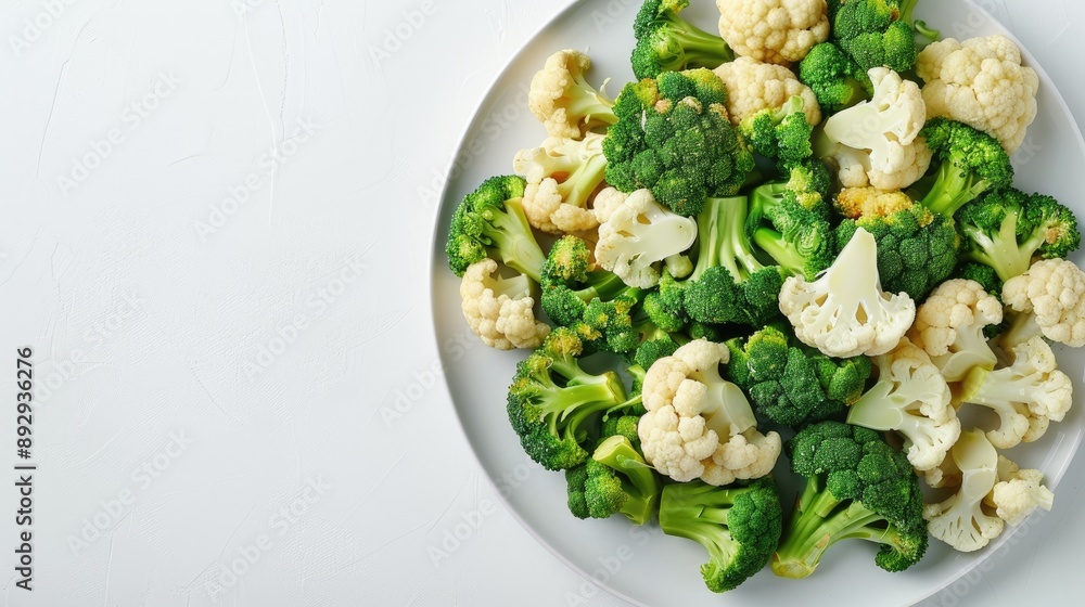 Poster broccoli and cauliflower with sauce on white plate isolated on white background close up view with s