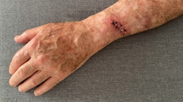Mature man arm with sutures after Mohs surgery for skin cancer removal