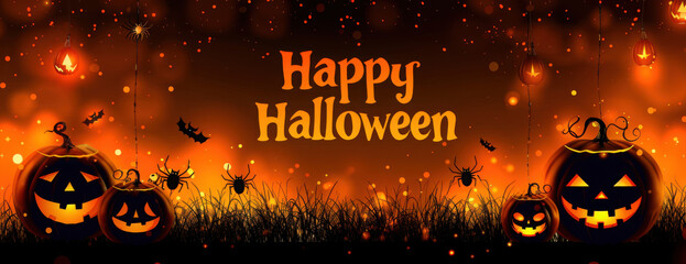 orange halloween banner with pumpkin spider and bats
